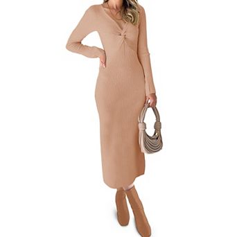 Womens V Neck Knit Long Sleeve Slim Midi Bodycon Dress