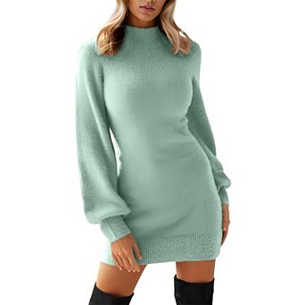 Womens Fall Winter Mock Neck Long Puff Sleeve Mini Sweater Dress