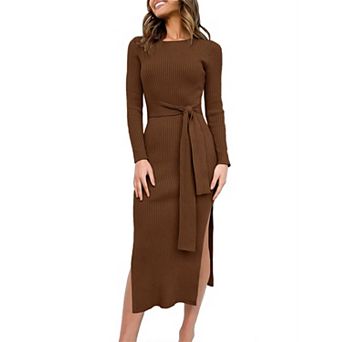 Womens Long Sleeve Bodycon Midi Dress Knit Tie Waist