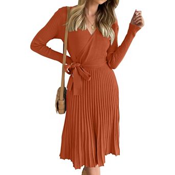 Women's Long Sleeve Wrap V-Neck Ribbed Knit Midi Dress