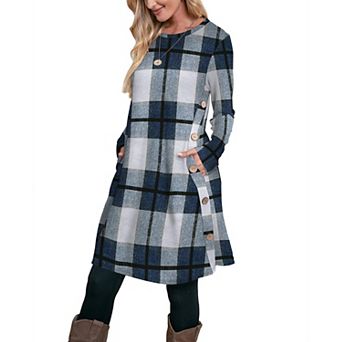 Women Long Sleeve Crew Neck Dress Button Pockets