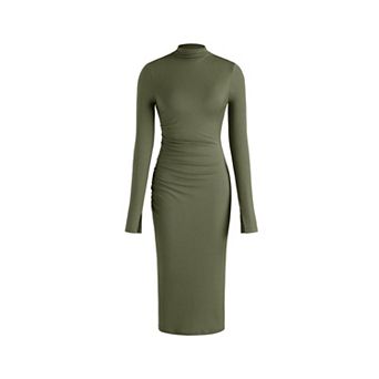 Women High Neck Ribbed Knit Ruched Bodycon Midi Long Sleeve Dress