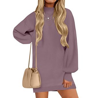 Women's Mock Neck Ribbed Knit Sweater Dress Lantern Sleeve Loose Fit