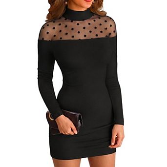 Women Ribbed Knit Bodycon Long Sleeve Mock Neck Dress