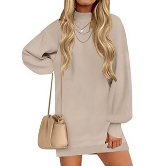 Women's Mock Neck Knit Sweater Dress Lantern Sleeve Loose Fit
