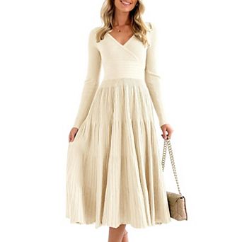 Womens Long Sleeve Pleated Knit Midi Dress V Neck Wrap