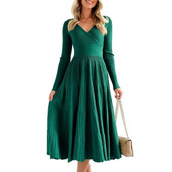 Womens Long Sleeve Knit Midi Dress V Neck Pleated A-Line Maxi