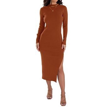 Womens Fall Knit Long Sleeve Bodycon Midi Sweater Dress