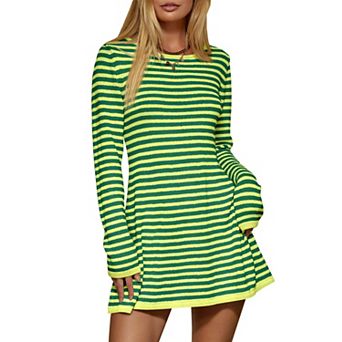 Striped Ribbed Knit Dress Womens Long Sleeve Crewneck Casual