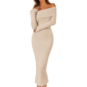 Womens Off Shoulder Long Sleeve Bodycon Knit Midi Dress