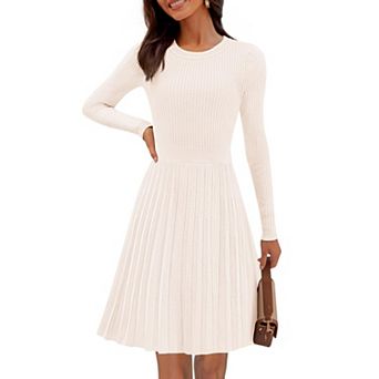 Womens Long Sleeve High Waist Pleated A Line Ribbed Sweater Dress Mini