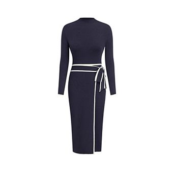 Womens Long Sleeve Mock Turtleneck Midi Dress Belted Knit