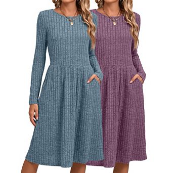 Womens 2-Pack Ribbed Knit Midi Sweater Dress Long Sleeve Casual