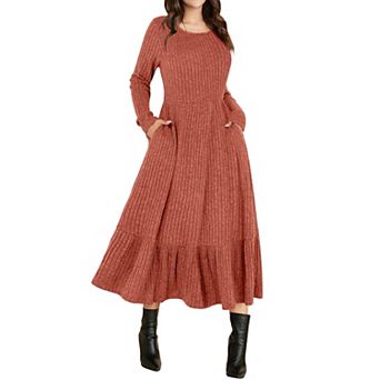 Womens Long Sleeve Midi Dress A-Line Ribbed Knit Side Pockets