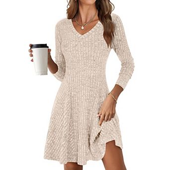 Womens Long Sleeve Ribbed Knit Sweater Dress V-Neck Casual