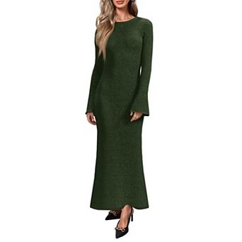 Womens Long Sleeve Maxi Dress Casual Crewneck Knit Slim Fit