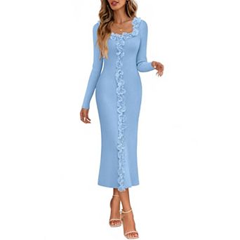 Womens Fall Long Sleeve Ruffle Trim Bodycon Knit Dress