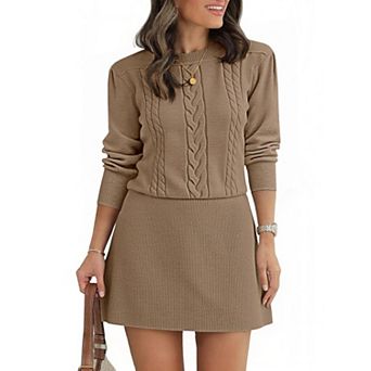 Womens 2 pc Cable Knit Puff Long Sleeve Fall Mini Dress