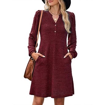 Womens Long Sleeve V Neck Casual Knit Dress With Pockets
