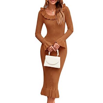 Womens Ribbed Knit Long Sleeve Bodycon Midi Dress Elegant