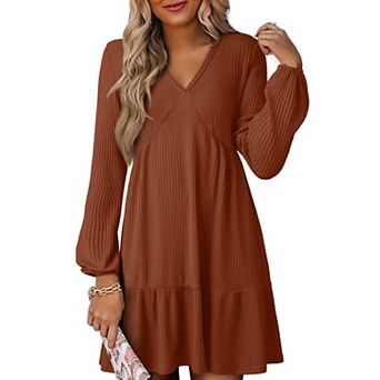 Womens Long Sleeve V Neck Ribbed Knit Empire Waist Swing Mini Dress