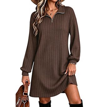 Women's Long Sleeve Fall Tunic Dress Zip Up Knit Sweater