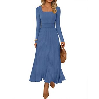 Womens Empire Waist Midi Dress Long Sleeve Square Neck Pleated A-Line Swing