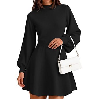 Womens Fall Mock Neck Long Lantern Sleeve Knit Mini Dress