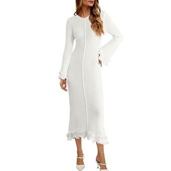 Womens Bell Sleeve Ruffle Bodycon Crewneck Ribbed Knit Fall Midi Dress