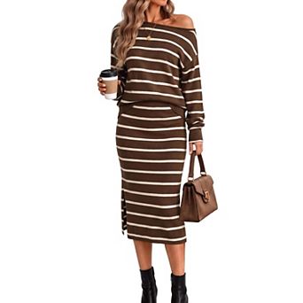 Womens 2 pc Knit Skirt Set Striped Long Sleeve Midi Casual Elegant