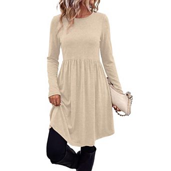 Womens Long Sleeve Casual Sweater Dress Crew Neck Fall Dresses With Pockets