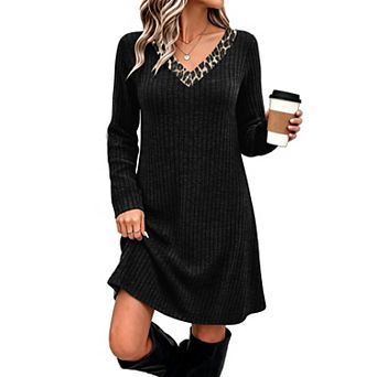 Womens Color Block V Neck Long Sleeve Sweater Dress with Pockets
