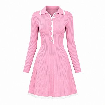 Women's Fall Long Sleeve Ribbed Knit Pleated Mini Worker Dress