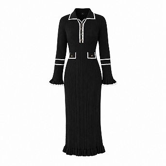 Women's Ribbed Knit V Neck Long Sleeve Slim Fit Maxi Pencil Dress