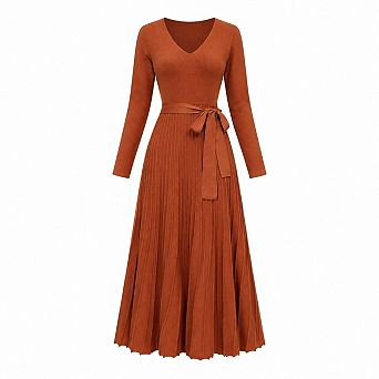 Women's Wool Blend Long Sleeve V Neck Midi Dress