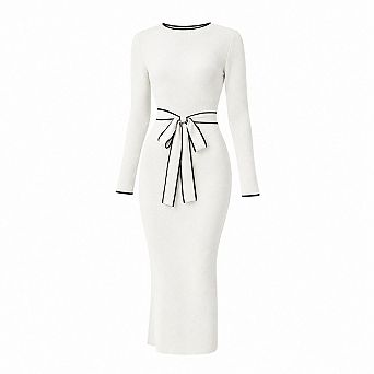 Women's Fall Winter Mock Neck Ribbed Knit Tie Waist Bodycon Midi Dress