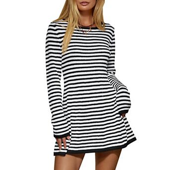 Womens Striped Ribbed Knit Long Sleeve Crewneck Mini Dress