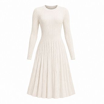 Women Long Sleeve Crewneck Ribbed Knit High Waist Pleated A Line Mini Sweater Dress