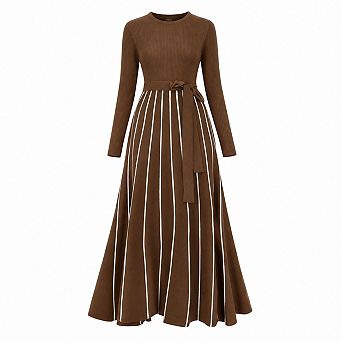 Women Fall Long Sleeve Turtleneck Maxi Dress Ribbed Knit A-Line with Waist Belt