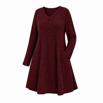 Plus Size V Neck Long Sleeve Sweater Dress With Pockets For Fall Winter