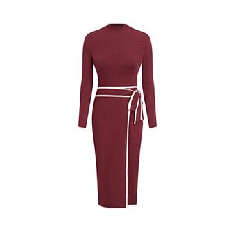 Women Long Sleeve Mock Turtleneck Midi Knit Dress with Bow Belt