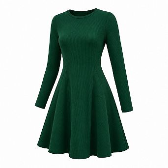 Women Fall Ribbed Knit Long Sleeve Crew Neck Fit Flare A Line Dress