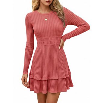 Womens Long Sleeve Tiered Ribbed Knit Mini Sweater Dress Fall Casual