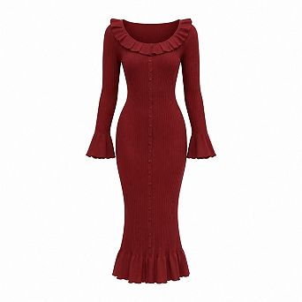 Womens Long Sleeve Ribbed Knit Bodycon Midi Dress Ruffle Trim