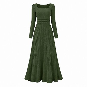 Women Long Sleeve Square Neck Empire Waist Midi Dress For Wedding Guest Cocktail Party