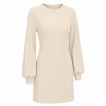 Womens Puff Long Sleeve Crewneck Ribbed Bodycon Sweater Dress