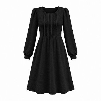 Women Long Sleeve Pleated Crew Neck Empire Waist Knee Length Casual Dress