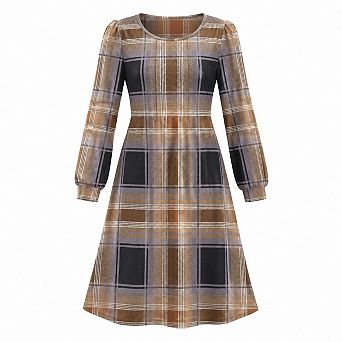 Women Long Sleeve Pleated Crew Neck Empire Waist Knee Length Casual Dress