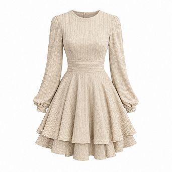 Womens Long Sleeve Knit Mini Dress Lantern Sleeve Crewneck Ruffle Hem A Line