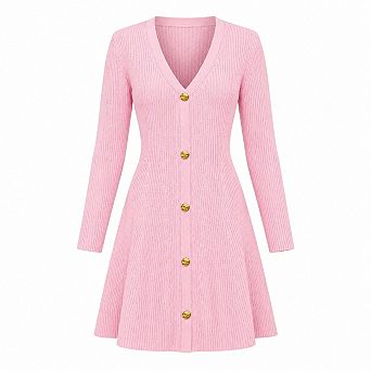 Women's Fall Winter Long Sleeve V Neck A Line Knit Mini Sweater Dress